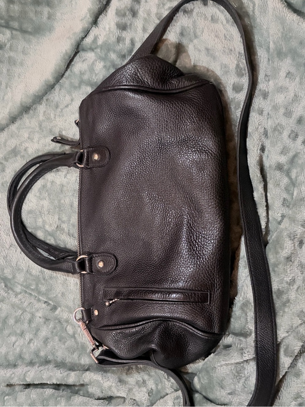 Roots Black Pebbled Leather Satchel with Crossbody Strap
